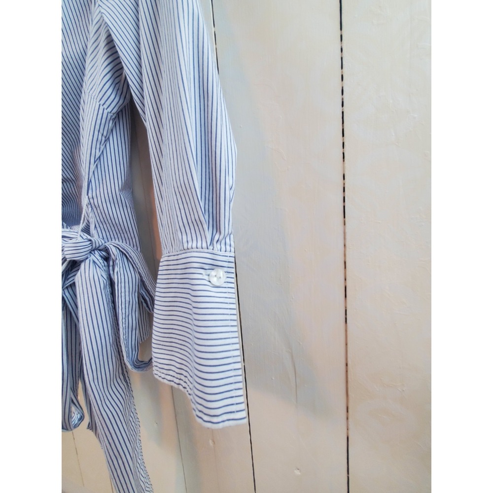 Womens Y2K Pinstripe Wrap Blouse Tie Waist Studio Style 3/4 Sleeve Business Size - Picture 5 of 8